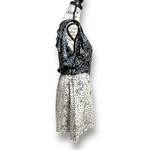 Armani Exchange S Black Beige Dress Ruffle Sleeves Polka Dot Elastic Waist Party - Picture 3 of 9